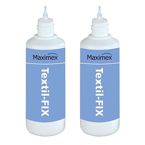 Maximex Textil-Fix Kleber, Stoffkleber als ideales Flickmittel für alle Textilien, ohne Nadel & Faden säumen, flicken und Kunststopfen, wasch- & reinigungsbeständig, 2 x 50 ml von Maximex