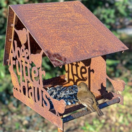 Vogelhaus mit Ständer wetterfest ∣ 135 cm hoch ∣ Vogelhaus Metall ∣ Stabiler rustikaler Look ∣ Vogelfutterstation, Vogelfutterhaus ∣ Vogelfutterhäuschen von Maxito