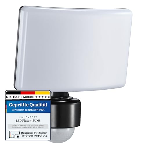 LED Aussenleuchte mit Bewegungsmelder Schwarz | 30W, Neutralweiß 4000K, IP65, Schwenkbar | Bewegungsmelder-Funktion - Steuerung weiterer Leuchten bis 500W | Eckmontage möglich | SUN2200 von max K O M F O R T