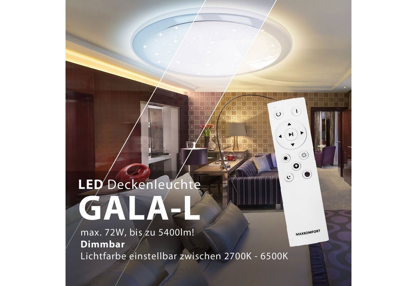 Maxkomfort LED Deckenleuchte GALA mit Sternhimmel Effekt, GALA-72W, LED fest integriert, je nach Variante siehe Bilder, Farbwechsel, Strenenleuchte, LED, Deckenlampe, RGB von Maxkomfort