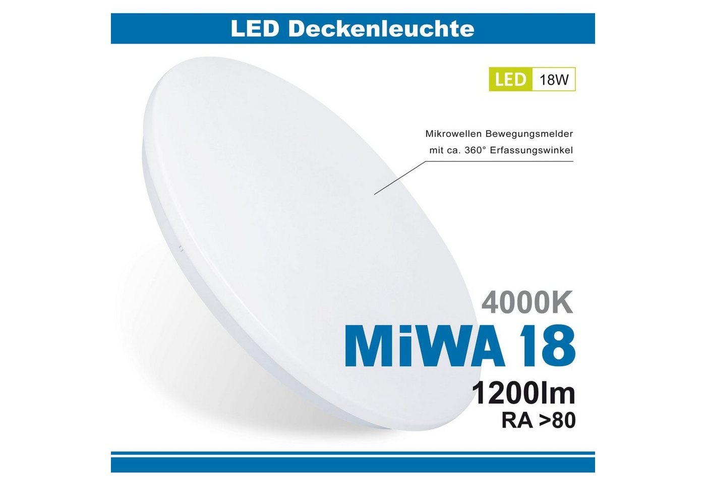 Maxkomfort LED Deckenleuchte MIWA, IP20, LED fest integriert, 4000K, Neutralweiß, Deckenleuchte, Wandleuchte, Deckenlampe, Wandlampe, LED, Bewegungsmelder, 4000K, Neutralweiß von Maxkomfort