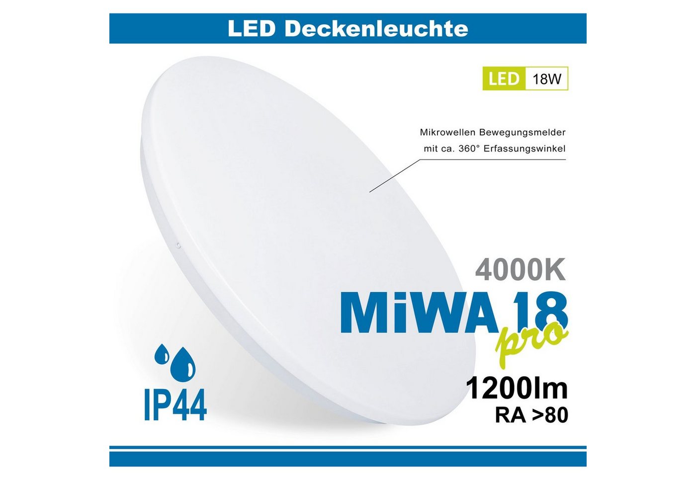 Maxkomfort LED Deckenleuchte MIWA, IP44, LED fest integriert, 4000K, Neutralweiß, Deckenleuchte, Wandleuchte, Deckenlampe, Wandlampe, LED, Bewegungsmelder, 4000K, Neutralweiß von Maxkomfort