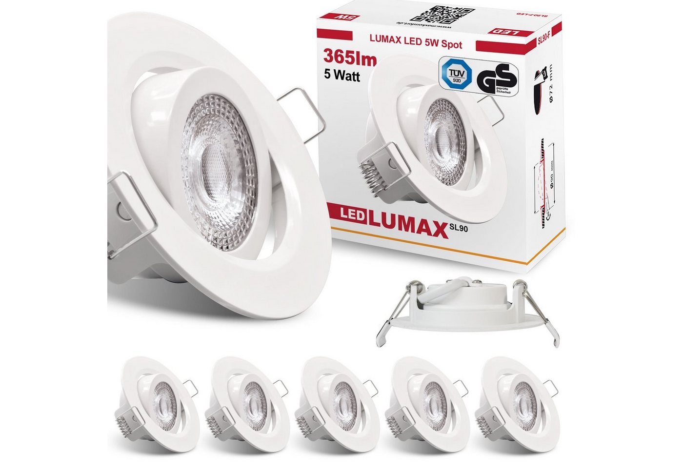 Maxkomfort LED Einbauleuchte LUMAX, LED fest integriert, warmweiß, 3000K, warmweiß, dimmbar, einbauspot, deckenspot, rund, 400 lumen, schwenkbar, flach von Maxkomfort