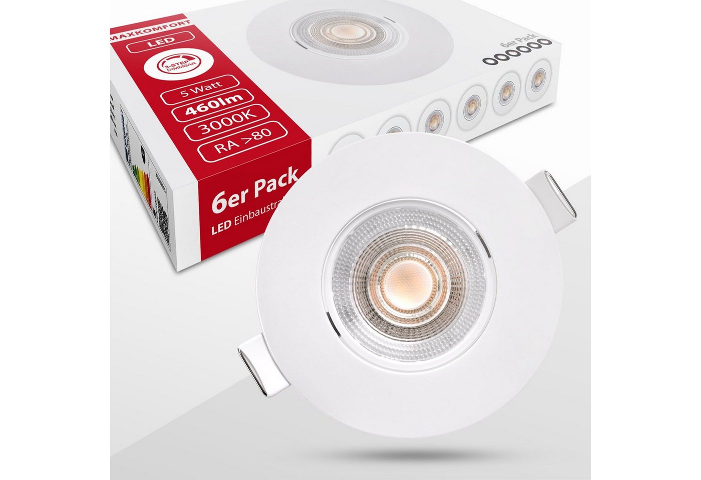 Maxkomfort LED Einbauleuchte Luxi, LED fest integriert, warmweiß, 3000K, warmweiß, Einbauspot, deckenspot, rund, schwenkbar, flach, 3 Stufen dimmbar von Maxkomfort