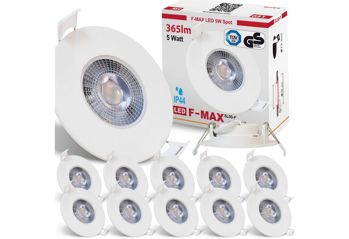 Maxkomfort LED Einbaustrahler F-Max IP44, LED fest integriert, 3000K, Warmweiß, Einbauspot, IP44, Spot, 3-Stufen Dimmbar, Warmweiß, Flach, Rund von Maxkomfort