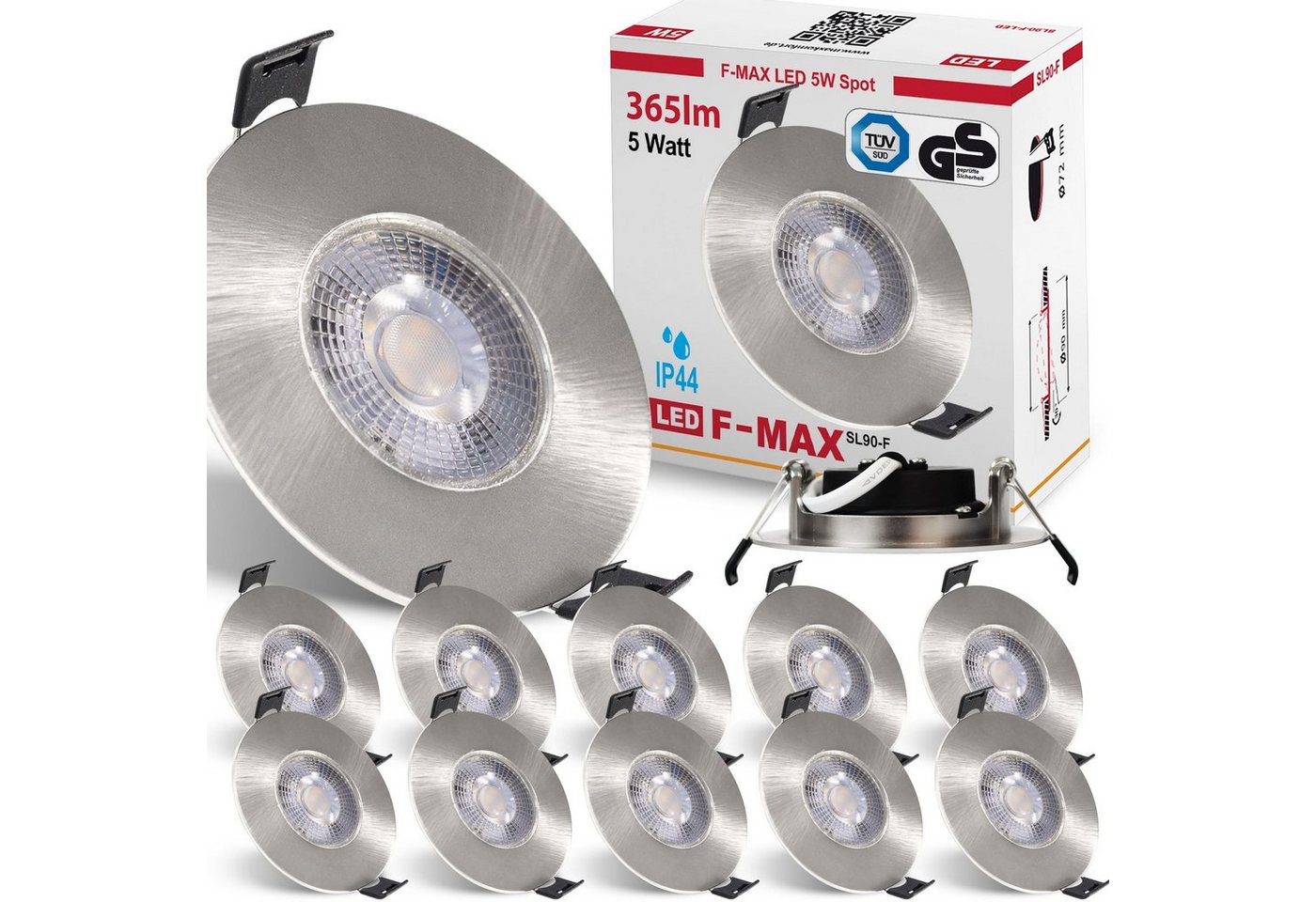 Maxkomfort LED Einbaustrahler F-Max IP44, LED fest integriert, 3000K, Warmweiß, Einbauspot, IP44, Spot, 3-Stufen Dimmbar, Warmweiß, Flach, Rund von Maxkomfort