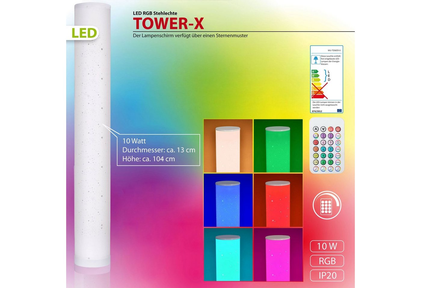 Maxkomfort LED Stehlampe Tower-X, LED fest integriert, Farbwechsler, RGB, Stehleuchte, Eckleuchte, Corner, RGB, Dimmbar, Music Sync, DIY, LED, Lichtsäule, Farbwechsel, Farbig, Fernbedienung von Maxkomfort