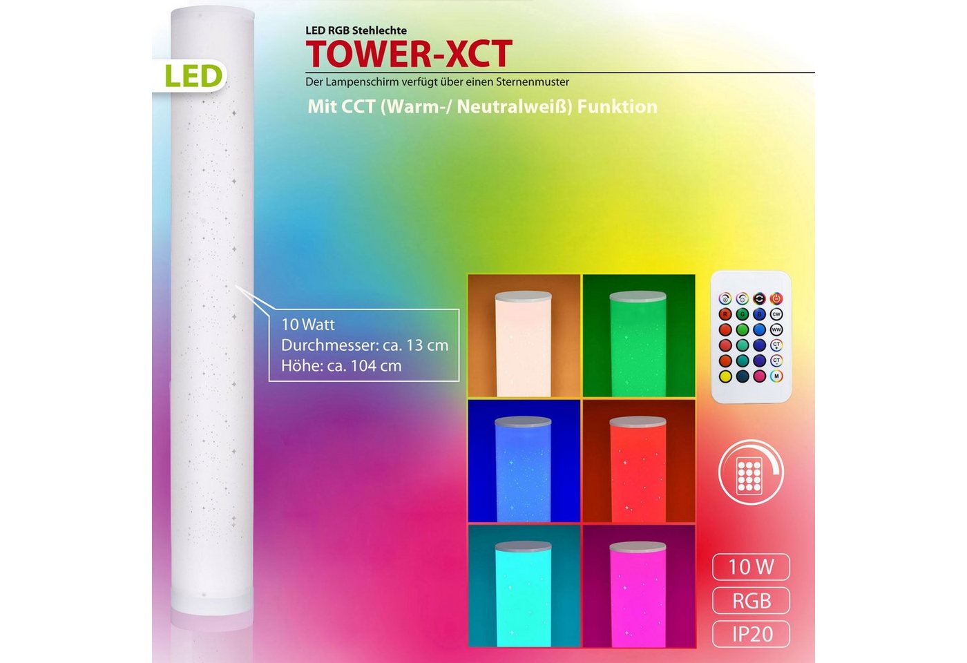 Maxkomfort LED Stehlampe Tower-XCT, LED fest integriert, Farbwechsler, RGB, Stehleuchte, Eckleuchte, Corner, RGB, Dimmbar, Music Sync, DIY, LED, Lichtsäule, Farbwechsel, Farbig, Fernbedienung von Maxkomfort