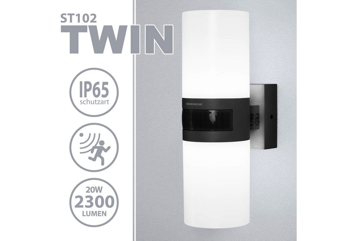 Maxkomfort Wandleuchte TWIN, LED fest integriert, Neutralweiß, 4000K, Tageslichtweiß, Wandleuchte, Wandlampe, LED, IP65, Außenwandleuchte, Modern, Flurleuchte, Bewegungsmelder, Sensor, neutralweiß, 4000K, 2x10W von Maxkomfort