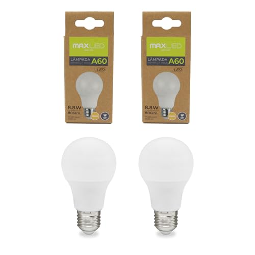 Maxled, Light is Led! 2x E27 LED Birne Lampe A60, 8.8W GlühbirneErsetzt Ersetzt 65 Watt Halogenlampe 3000K Warmweiß Kugel Leuchtmittel 806lm Energiesparlampe 150° Abstrahlwinkel AC 230V Nicht Dimmbar von Maxled, Light is Led!