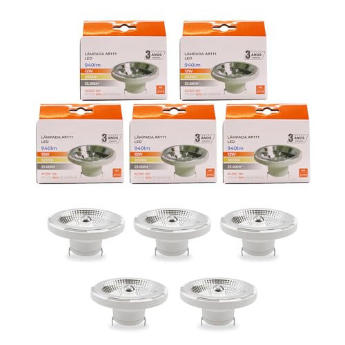 Maxled, Light is Led! 5er LED Leuchtmittel AR111 G53 12W Ersatz 75w Halogenlampe Warmweiß 3000K Glühbirne 45 Grad Abstrahlwinkel LED-Spot 940 Lumen AC 12V Spotlicht, Nicht Dimmbar von Maxled, Light is Led!