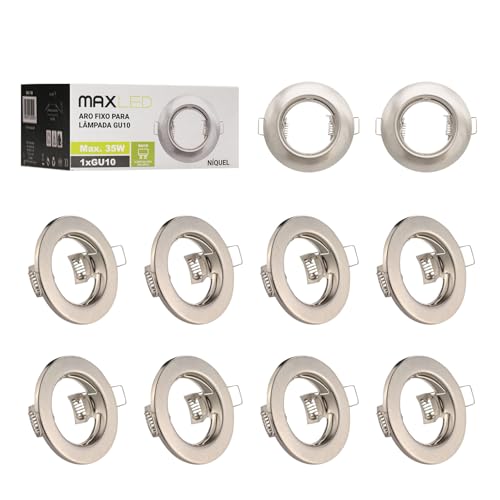 Maxled, Light is Led! 10er LED Einbaustrahler Rahmen GU10, Ø55mm Lochdurchmesser Aluminium Metall LED Spots Deckenspot Einbauleuchten für Leuchtmittel Deckeneinbauring (Rund,Nickel) von Maxled, Light is Led!