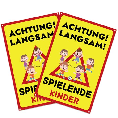 2 Stück Achtung Kinder Schild, 30 x 20 cm Achtung Spielende Kinder mit UV Schutz, PVC Kunststoff Warnschild Bitte Langsam Fahren mit Bohrlöcher für Außenbereich Innenbereich von Maxmoc