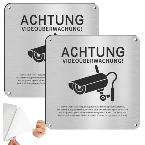 2 Stück Schild Videoüberwachung Privatgrundstück,15x15cm Achtung Videoüberwachung Schild mit DSGVO Hinweis,Aluminium Hinweisschild Videoüberwachung mit Selbstklebend und 4 Bohrlöcher von Maxmoc