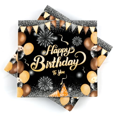 40 Stück Schwarz Gold Geburtstag Servietten, Happy Birthday Servietten, Geburtstagsservietten Tischdeko 33x33cm, Geburtstag Party Papierservietten für Junge Mädchen von Maxmoc