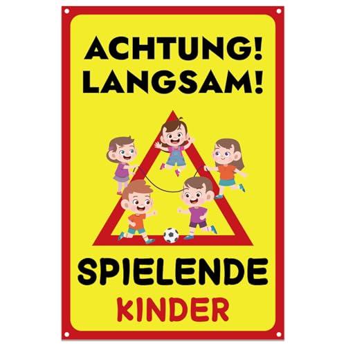 Achtung Kinder Schild, 30 x 20 cm Achtung Spielende Kinder mit UV Schutz, PVC Kunststoff Warnschild Bitte Langsam Fahren mit Bohrlöcher für Außenbereich Innenbereich von Maxmoc