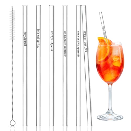 6 Stück Aperol Glasstrohhalme,20 cm Lang, Wiederverwendbar Spritz Glasstrohalm mit Reinigungsbürsten für Cocktails von Maxmoc