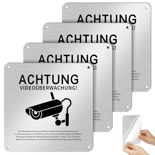 4 Stück Schild Videoüberwachung Privatgrundstück,15x15cm Achtung Videoüberwachung Schild mit DSGVO Hinweis,Aluminium Hinweisschild Videoüberwachung mit Selbstklebend und 4 Bohrlöcher von Maxmoc