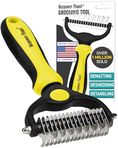 Maxpower Planet Pet Grooming Brush - Double Sided Shedding and Dematting Undercoat Rake Comb for Dogs and Cats,Extra Wide,Yellow von Maxpower Planet