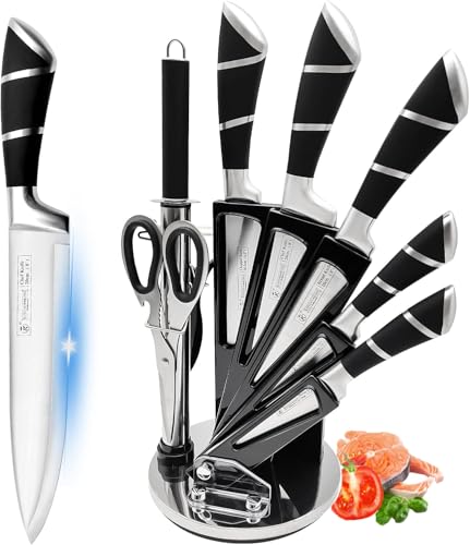 9-tlg Messerset mit Drehbare Acryl Messerblock, Rosa Sharp Antihaft Beschichtete Kochmesser Block Set,Edelstahl Messer Set für Küche mit Schärfer zum Schneiden Schneiden Würfeln Hacken (Schwarz) von Maxspace