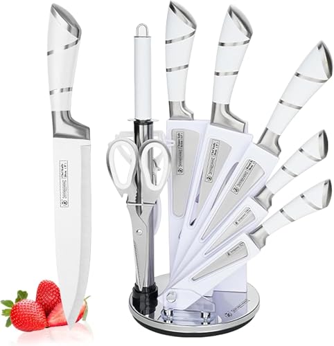 9-tlg Messerset mit Drehbare Acryl Messerblock, Rosa Sharp Antihaft Beschichtete Kochmesser Block Set,Edelstahl Messer Set für Küche mit Schärfer zum Schneiden Schneiden Würfeln Hacken (Weiß) von Maxspace