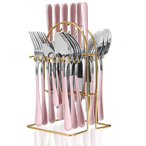 Maxspace Besteck Set 6 Personen, 24-teiliges Silbrig Edelstahl Flatware Set mit Besteckhalter Löffel Gabeln und Messer, Cutlery Set für Haus Restaurant Zusammenkommen (Rosa) von Maxspace