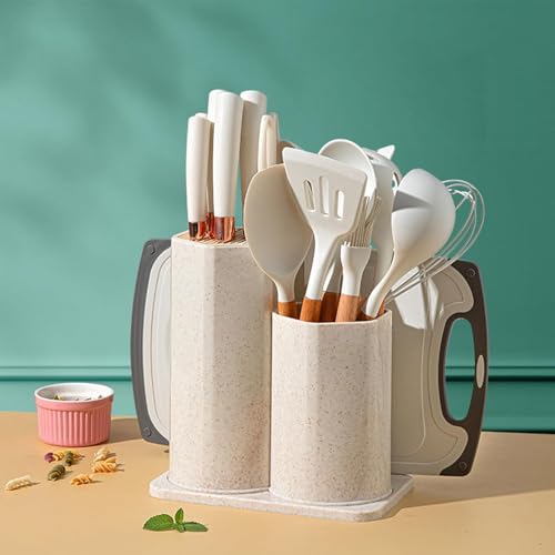 Maxspace Küchenhelfer Set, 19-teiliges Silikon Antihaft Küchenutensilien Set, Hitzebeständiger Kochutensilien Kochbesteck Set mit Messer set, Kochgeschirr Set und Schneidebrett (Weiß) von Maxspace