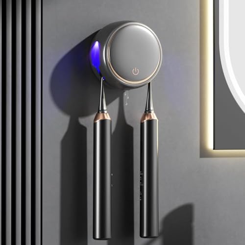Maxspace UV Zahnbürsten Sterilisator, UV Desinfektions Zahnbürstenhalter zur Wandmontage mit Trocknen, Wiederaufladbare Zahnbürstenhalter mit 2 Zahnbürstenfächern für Badezimmer (Schwarz) von Maxspace