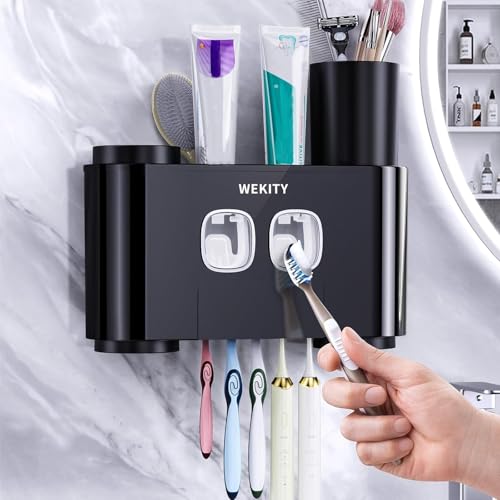 Maxspace Zahnbürstenhalter, Multifunktionaler Zahnbürstenhalter zur Wandmontage mit Zahnpastaspender, Zahnputzbecherhalter Ohne Bohren mit 5 Pinselschlitzen und 4 Tassen (Schwarz) von Maxspace