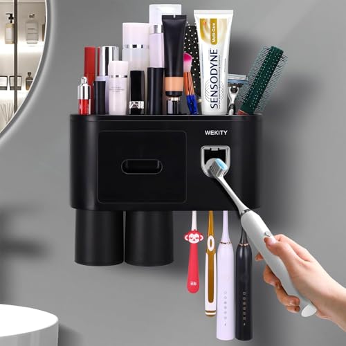 Maxspace Zahnbürstenhalter zur Wandmontage, Multifunktionaler Toothbrush Holder mit Zahnpastaspender, Platzsparender Zahnbürstenhalter mit Magnetbecher und Schublade (1 Zahnpastaspender) von Maxspace