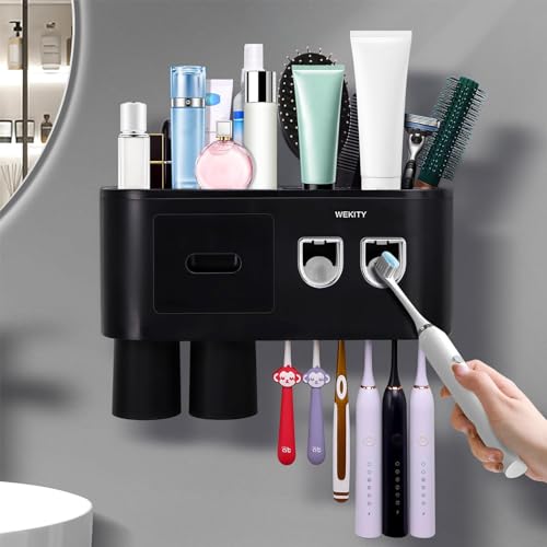 Maxspace Zahnbürstenhalter zur Wandmontage, Multifunktionaler Toothbrush Holder mit Zahnpastaspender, Platzsparender Zahnbürstenhalter mit Magnetbecher und Schublade (2 Zahnpastaspender) von Maxspace