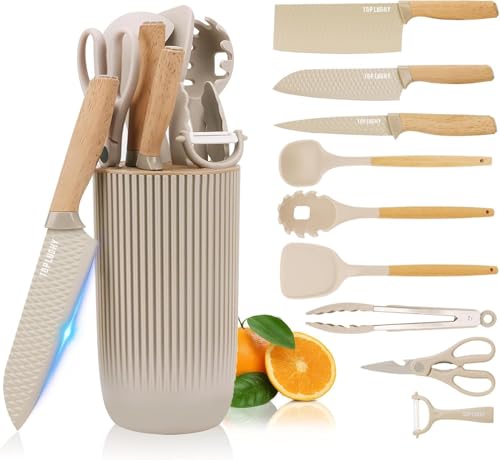 Messer set, 10-teiliges Küchenutensilien Set mit Messer Set und Utensilienhalter - Inklusive 6 Messer 4 Silikonutensilien, Messer Set mit Block und 4 Silikon Spatel Set (Khaki) von Maxspace