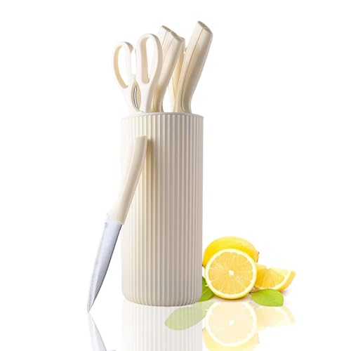 Messerblock mit Messer, 7-teiliges Küchenmesser Set mit Messerblock, Scharf Edelstahl Messerset für den Küchengebrauch Hacken von Fleisch, Gemüse (Beige) von Maxspace