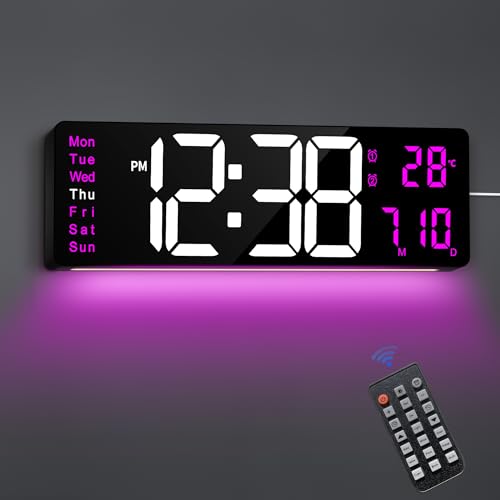 Maxstar 16 "LED Digitale Wanduhr mit Fernbedienung,2 Alarmen,DST,Datum,Woche,Dimmer,große Digitale Uhr mit Temperatur,Jumbo Nummer,Nachtlicht für Wohnzimmer,Fitnessstudio,Küche,dekor (Pruple) von Maxstar