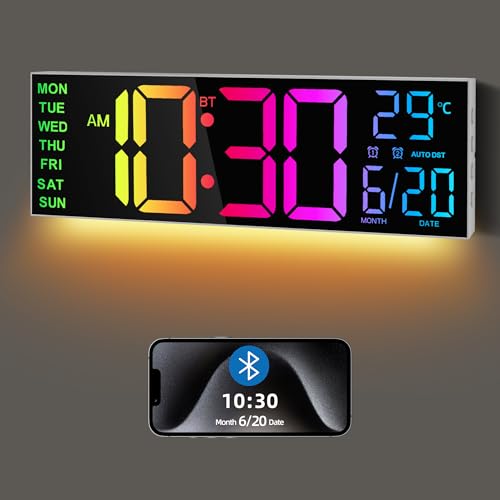 Maxstar 16.2" Digital-Wanduhr mit Bluetooth-Autosynchronisierung,Fernbedienung, Alarm,LED-Anzeige,RGB-Farben,Auto DST und Temperaturanzeige für Klassenzimmer, Schlafzimmer, Büro,Garage – Weiß von Maxstar