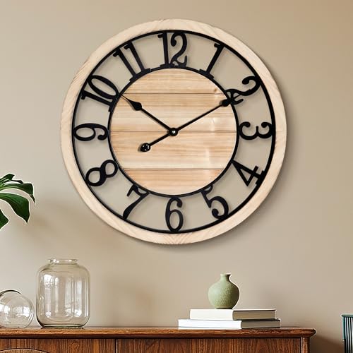 Maxstar Wanduhr Wohnzimmer im Landhausstil, 60 cm Vintage Wanduhr Holz mit Metallrahmen, ohne Tickgeräusche für Schlafzimmer, Küche, Büro und Schule, mit arabischen Ziffern von Maxstar