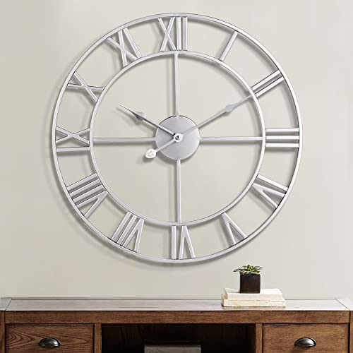 Moderne römische Ziffern große Wanduhren leichtes tickende Runde Metall stille Wanduhr für Wohnzimmer, Küche, Schlafzimmer, Garten Vintage Wanduhren Dekor-Silber 40cm von Maxstar