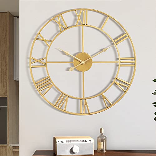 Moderne römische Ziffern große Wanduhren leichtes tickende Runde Metall stille Wanduhr für Wohnzimmer, Küche, Schlafzimmer, Garten Vintage Wanduhren Dekor-golden 47cm von Maxstar