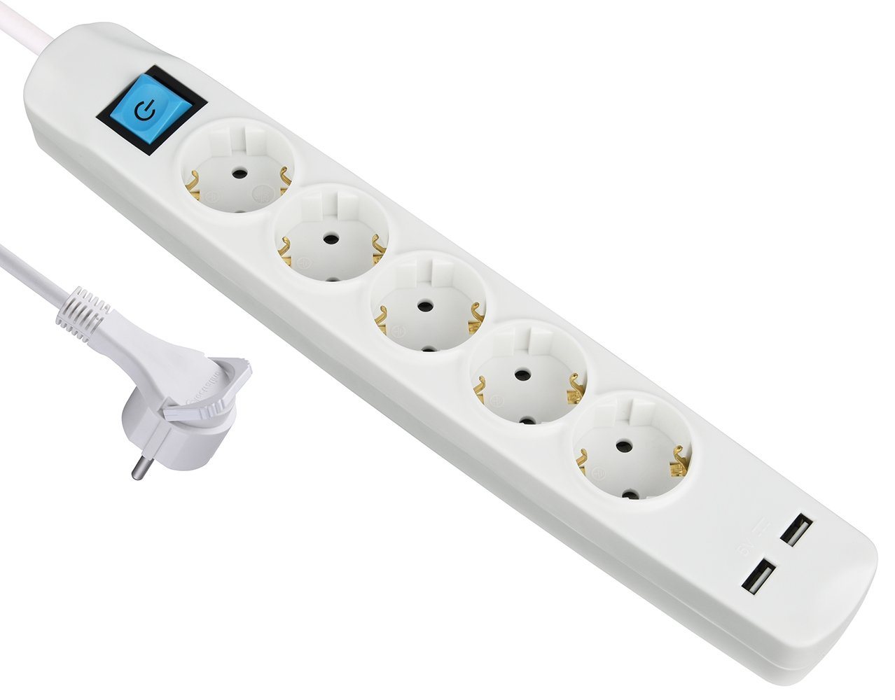 Maxtrack Steckdosenleiste (Kabellänge 1.5 m), 5-fach Steckdosenleiste mit flachem Stecker, 2xUSB Ladebuchsen von Maxtrack