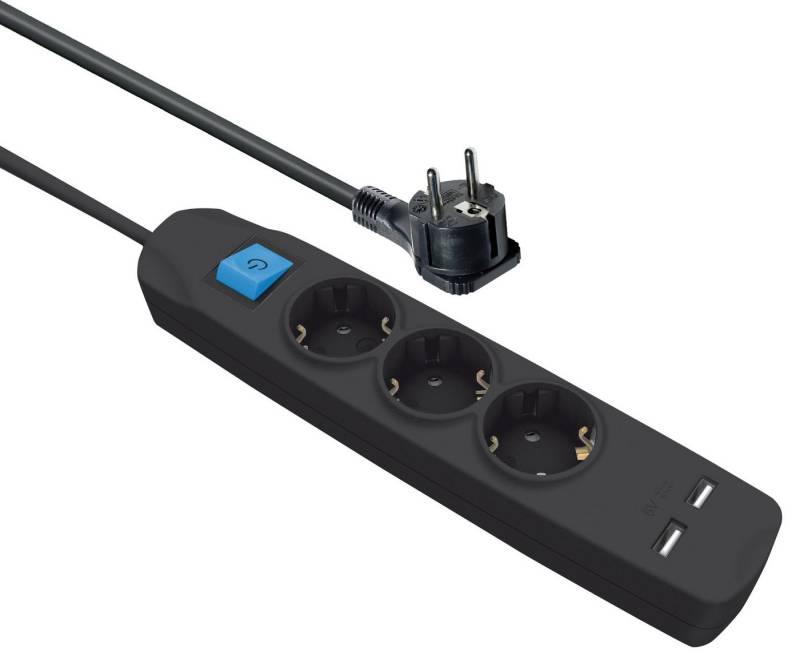 Maxtrack Steckdosenleiste (Kabellänge 3 m), 3-fach Steckdosenleiste mit flachem Winkelstecker und 2x USB von Maxtrack