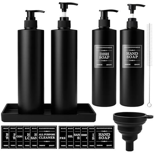 Maxumille 4 STK Seifenspender Schwarz Matt 500ml mit Tablett Etiketten, Shampoo Flaschen zum Befüllen Kunststoff Wiederverwendbar, Leere Pumpflasche Lotionspender für Flüssigseife Duschgel für Dusche von Maxumille