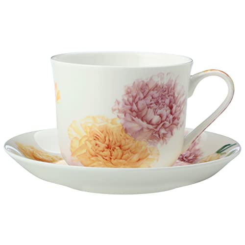 Maxwell & Williams JY0034 Tasse mit Untertasse 480 ml – Serie Floriade – Weiß Bone China Porzellan in Geschenkbox, Nelke von Maxwell & Williams