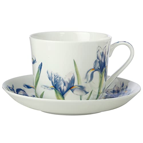 Maxwell & Williams JY0037 Tasse mit Untertasse 480 ml – Serie Floriade – Weiß Bone China Porzellan in Geschenkbox – Iris von Maxwell & Williams