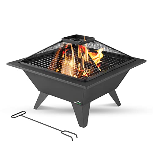 MaxxGarden Feuerschale - Für Den Garten - 50x50 cm - Outdoor Feuerstelle mit Stab - Feuerstelle Garten - Faltbare mit Grillrost - Mit Funkenschutz - Stahl - Schwarz von MaxxGarden