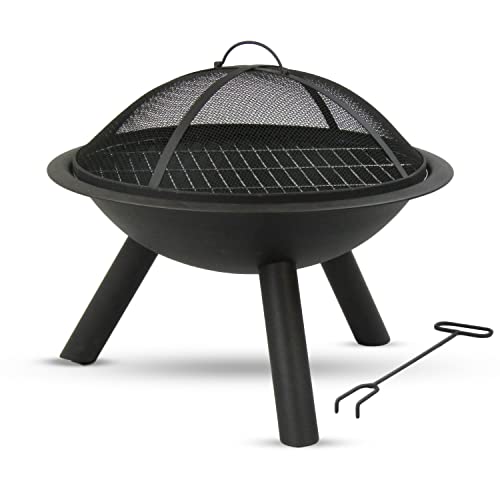 MaxxGarden Feuerschale - Für Den Garten - Outdoor Feuerstelle mit Stab - Feuerstelle Garten - Faltbare mit Grillrost - Mit Funkenschutz - Stahl - Ø56cm - Schwarz von MaxxGarden