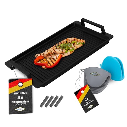 MaxxGoods - Aluminiumguss Grillplatte mit Seitengriffe - Gerippt - 41x24x2,5cm - für Induktion & alle gängigen Herdplatten - Keramikoberfläche - Antihaftversiegelung - Made in Germany - PFOA Frei von MaxxGoods