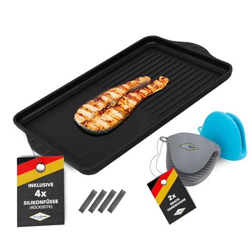 MaxxGoods - Aluminiumguss Grillplatte halb glatt gerippt - 43x28x2cm - für Induktion & alle gängigen Herdplatten - Keramikoberfläche - Antihaftversiegelung - Made in Germany - PFOA Frei von MaxxGoods