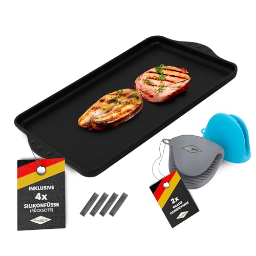 MaxxGoods - Aluminiumguss Grillplatte komplett glatt - 43x28x2,5cm - für Induktion & alle gängigen Herdplatten - Keramikoberfläche - Antihaftversiegelung - Antirutsch - Made in Germany - PFOA Frei von MaxxGoods