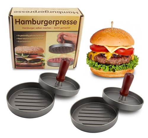 MaxxGoods Burgerpresse 2er Set aus Aluminium Guss Ø 12cm Rund | Hamburgerpresse für Burger, Patties, BBQ | Antihaftbeschichtung | Abnehmbarer Holzgriff & Rillen | Paddy Maker (2er Set) von MaxxGoods