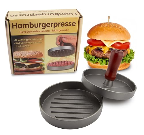 MaxxGoods Burgerpresse Set aus Aluminium Guss Ø 12cm Rund | Hamburgerpresse für Burger, Patties, BBQ | Antihaftbeschichtung | abnehmbarer Holzgriff & Rillen für schnelle Garzeiten | paddy maker von MaxxGoods